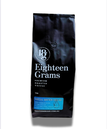 Black coffee bag labeled 'Eighteen Grams' on a white background